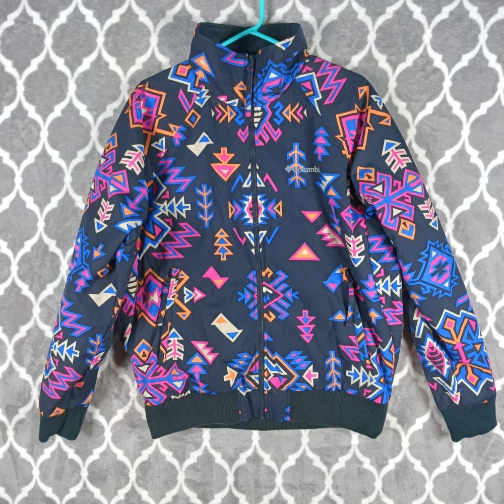 Columbia Jacket Women Medium Black Blue Bomber Geometric Aztec Fleece Lined